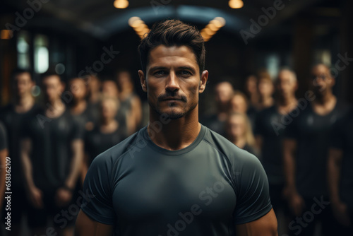 A fitness coach leading a group in a high-intensity workout session. Concept of professional fitness guidance. Generative Ai.