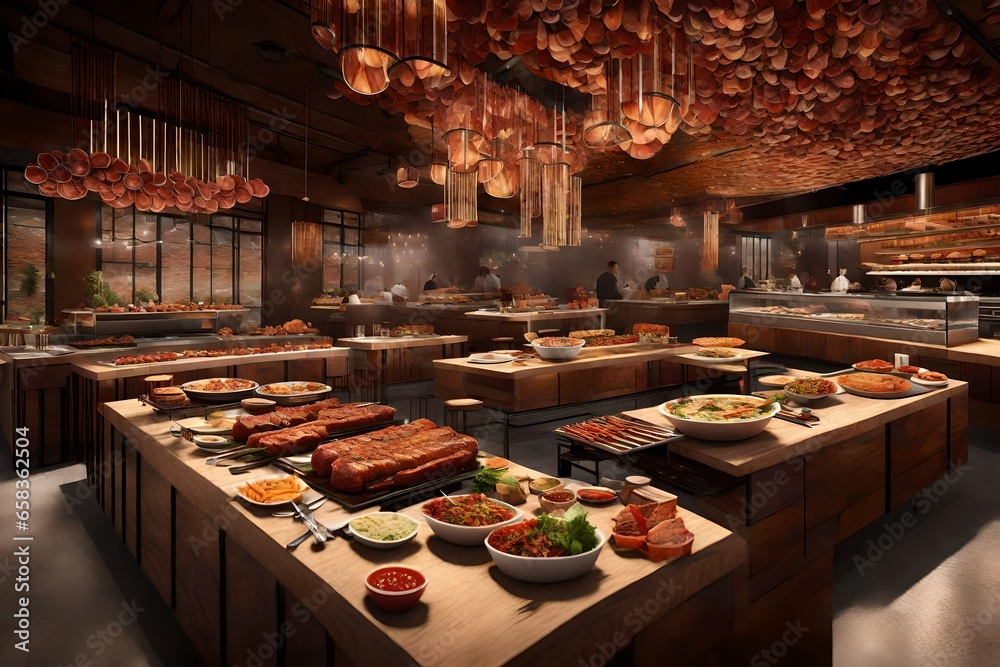 Craft a 3D rendering that combines the casual charm of a barbecue with a chic indoor catering setting. Showcase a buffet spread featuring grilled meats, barbecue classics, and stylish presentation. Us