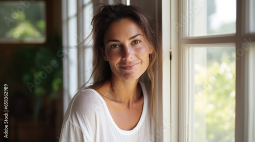 Beautiful 45 year old happy woman in loose home clothes at the window. Portrait of a smiling lady. Feminine beauty.
