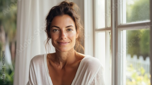 Free Download Beautiful 45 year old happy woman in loose home clothes at the window. Portrait of a smiling lady. Feminine beauty. - GFXLoad