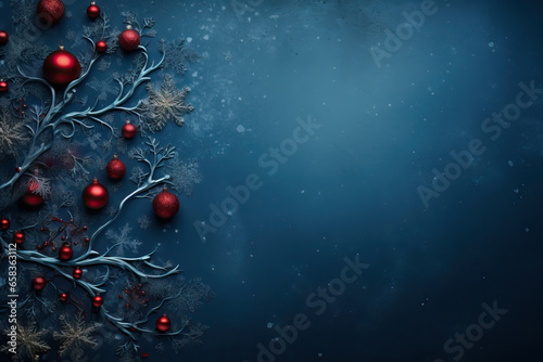 Celtic christmas tree with red decoration balls on Dark Bluebackground. Merry christmas and happy new year greeting card with copy space for text.