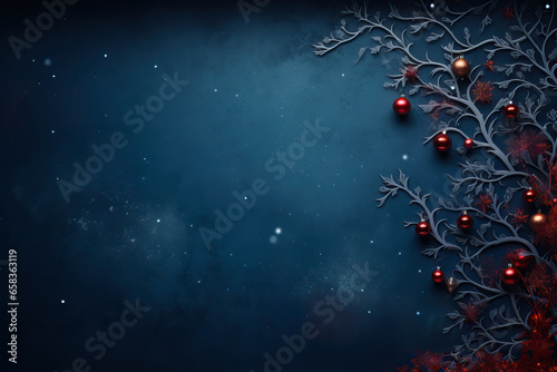 Celtic christmas tree with red decoration balls on Dark Bluebackground. Merry christmas and happy new year greeting card with copy space for text.