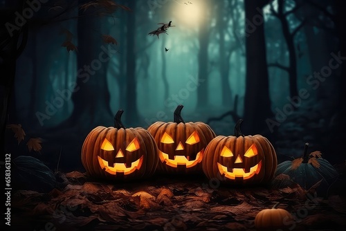 Halloween Pumpkins Arranged On Wood In Forest At Night, Creating Eerie Scene