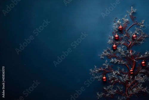 Celtic christmas tree with red decoration balls on Dark Bluebackground. Merry christmas and happy new year greeting card with copy space for text.