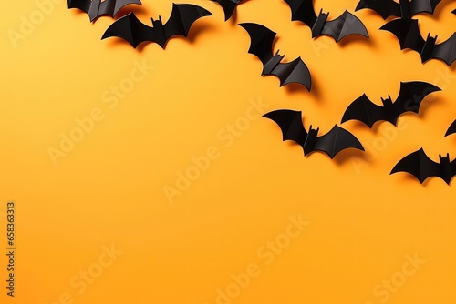 Halloween Diy Decorations With Cardboard Bats On Orange Background And Copy Space, Perfect For Greeting Cards. Сoncept Halloween Diy Decorations, Cardboard Bats, Orange Background, Copy Space photo