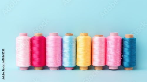 Close up of pastel color sewing threads collection on bright blue background with copy space. Minimal concept of tailor shop or fashion campaign photo
