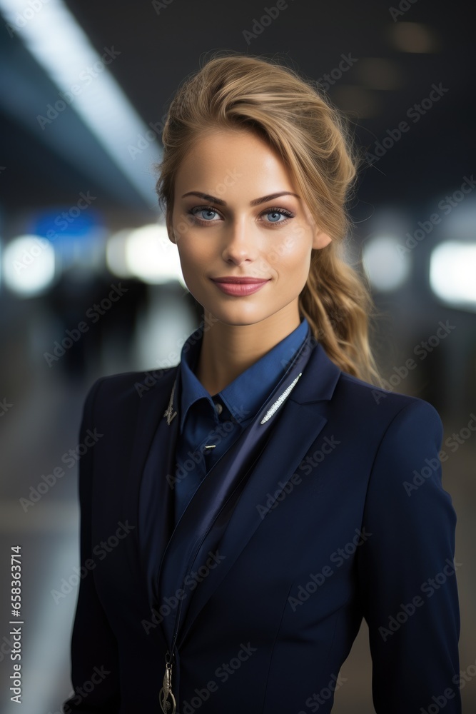 A gorgeous professional flight attendant at a gate in an airport terminal A gorgeous professional flight attendant at a gate in an airport terminal