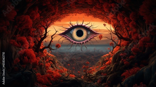 Otherworldly surreal eye merging with vibrant fall foliage blurring line between reality and imagination blending them harmoniously, surreal concept of autumn nature, all seeing eye of nature
