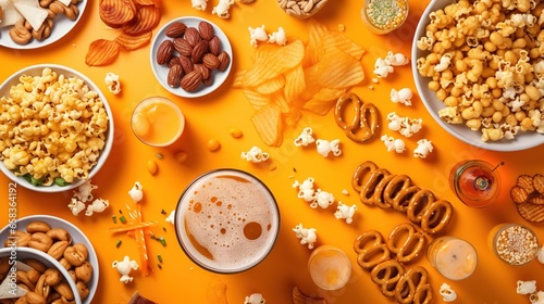  a variety of snacks and drinks on a yellow surface with a yellow background. generative ai