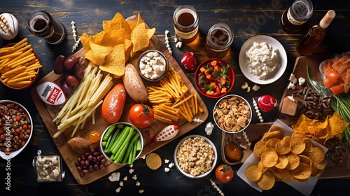  a variety of snacks and snacks on a table with cups of coffee.  generative ai