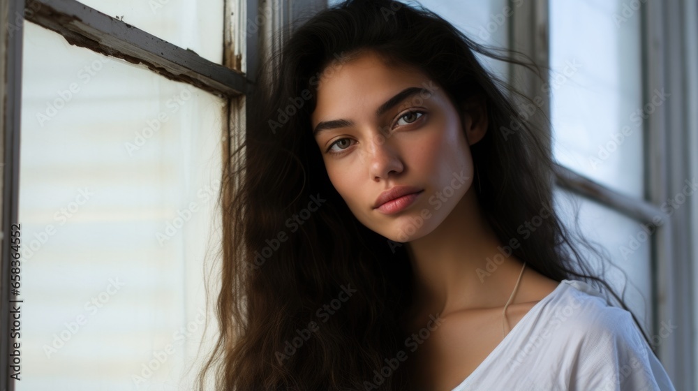 Beautiful 28 year old happy woman in loose home clothes at the window. Portrait of a smiling lady. Feminine beauty. Beautiful 28 year old happy woman in loose home clothes at the window. Portrait of a smiling lady. Feminine beauty.