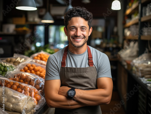 Positive middle eastern young seller man in apron selling fresh fruit on food market. Entrepreneur, small business owner standing at crates of vegetables, looking at camera with arms folded