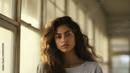 Beautiful 28 year old happy woman in loose home clothes at the window. Portrait of a smiling lady. Feminine beauty.