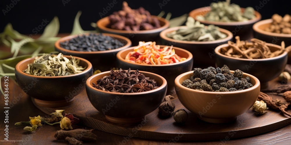 Set of different tea in saucer on wooden background, assortment of dry tea in ceramic bowls on blurred zen style background, with copy space. - obrazy, fototapety, plakaty 
