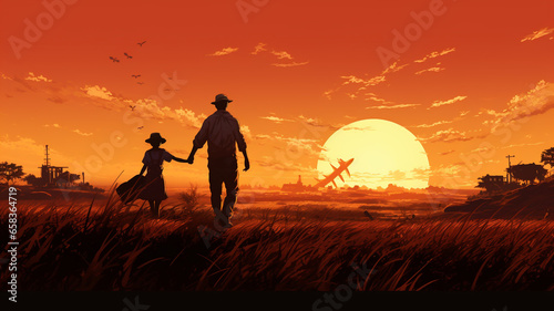 vector illustration with a cowboy and a man in a desert with a backpack and a woman in a sunset