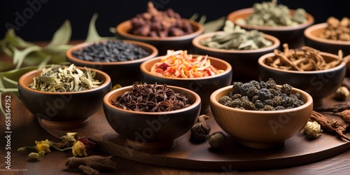 Set of different tea in saucer on wooden background, assortment of dry tea in ceramic bowls on blurred zen style background, with copy space.