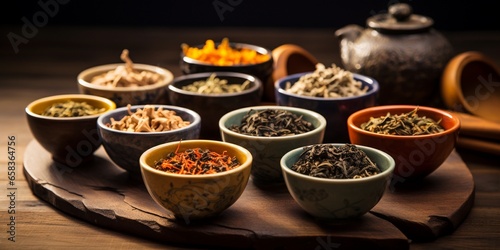 Set of different tea in saucer on wooden background, assortment of dry tea in ceramic bowls on blurred zen style background, with copy space.