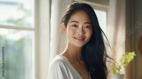 Beautiful 28 year old happy woman in loose home clothes at the window. Portrait of a smiling lady. Feminine beauty. Free Download Beautiful 28 year old happy woman in loose home clothes at the window. Portrait of a smiling lady. Feminine beauty. - GFXLoad