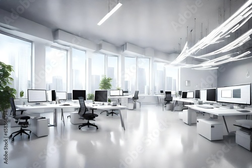 Craft a 3D rendering of a modern white office that emphasizes a tech-savvy atmosphere. Include elements such as large computer monitors, innovative gadgets, and high-tech accessories. Use creative lig