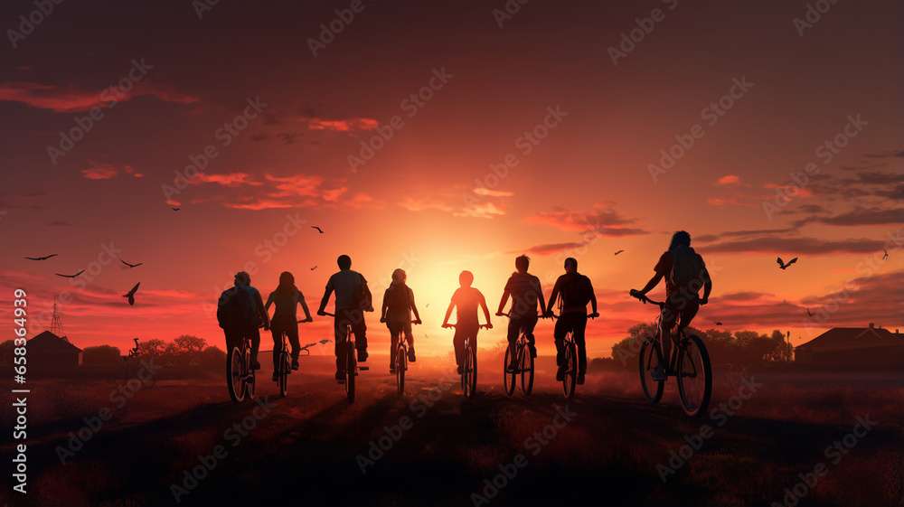 a group of people standing at the top of a hill with the sun in full moon