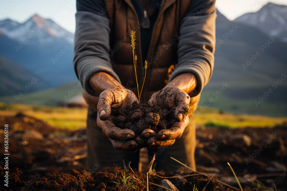 close-up of a farm worker's hands holding the land that sustains him, showing respect for the environment and love for the planet.