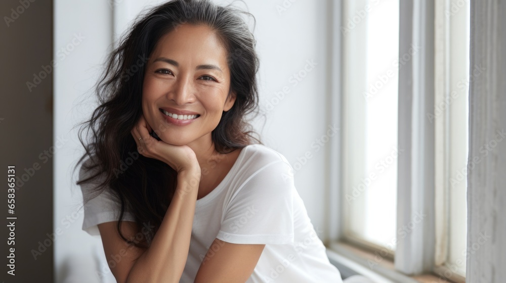 Beautiful 45 year old Asian happy woman in loose home clothes at the window. Portrait of a smiling lady. Feminine beauty. Beautiful 45 year old Asian happy woman in loose home clothes at the window. Portrait of a smiling lady. Feminine beauty.