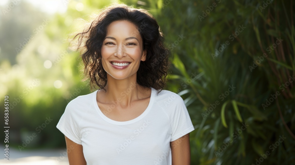 Beautiful 45 year old Asian happy woman in loose home clothes at the window. Portrait of a smiling lady. Feminine beauty. Beautiful 45 year old Asian happy woman in loose home clothes at the window. Portrait of a smiling lady. Feminine beauty.
