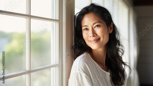 Beautiful 45 year old Asian happy woman in loose home clothes at the window. Portrait of a smiling lady. Feminine beauty. © Restyler