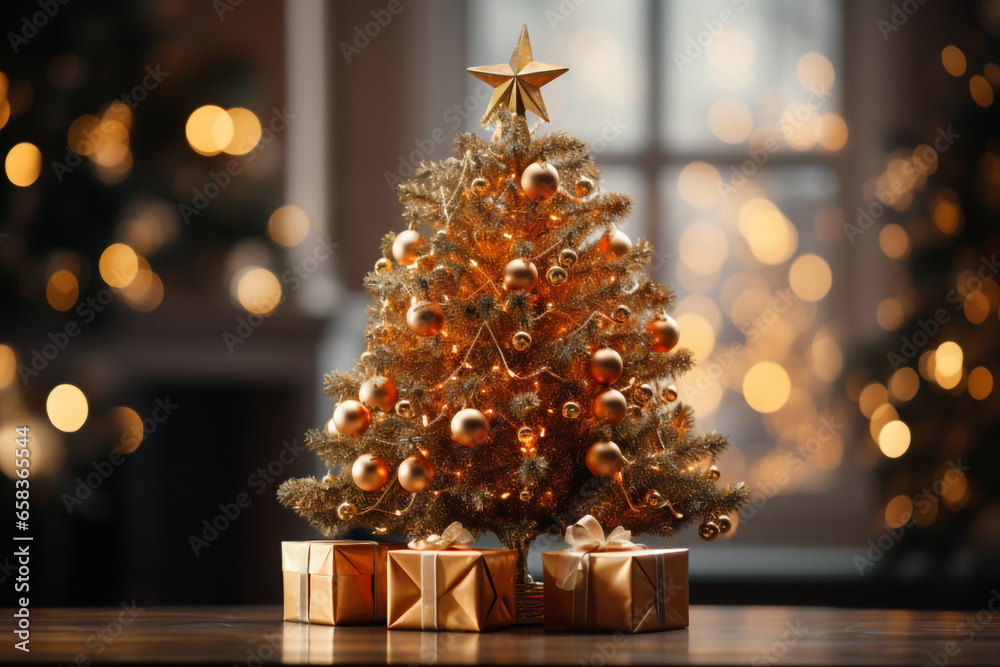 miniature golden christmas tree and gift boxes on the table