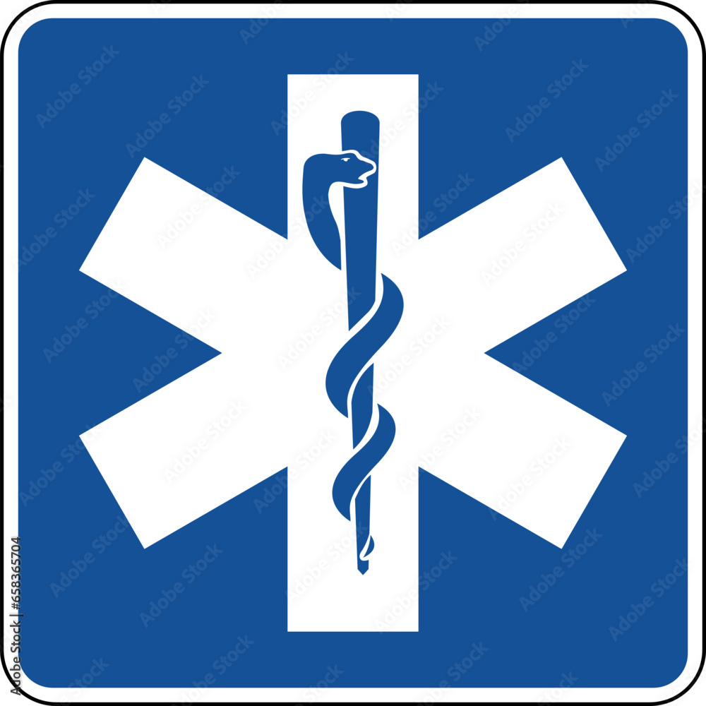 Vector graphic of a blue usa Ambulance mutcd highway sign. It consists of a six pronged cross and a pin with a snake curled round it contained in a blue square Vector graphic of a blue usa Ambulance mutcd highway sign. It consists of a six pronged cross and a pin with a snake curled round it contained in a blue square