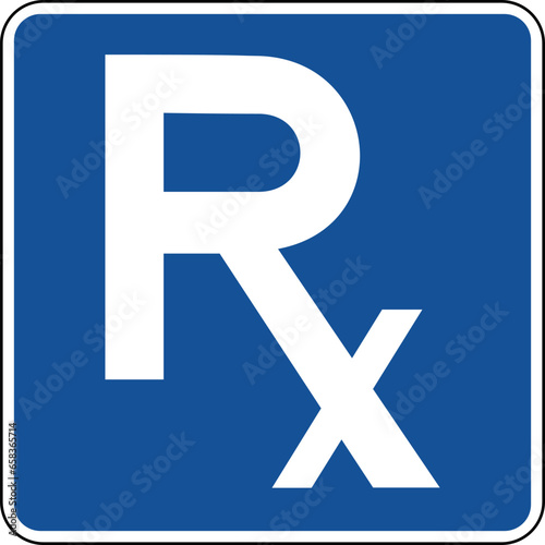 Vector graphic of a blue usa Pharmacy mutcd highway sign. It consists of a the letters R and X joined contained in a blue square