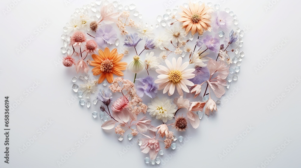  a heart shaped arrangement of flowers on a white background with pearls.  generative ai