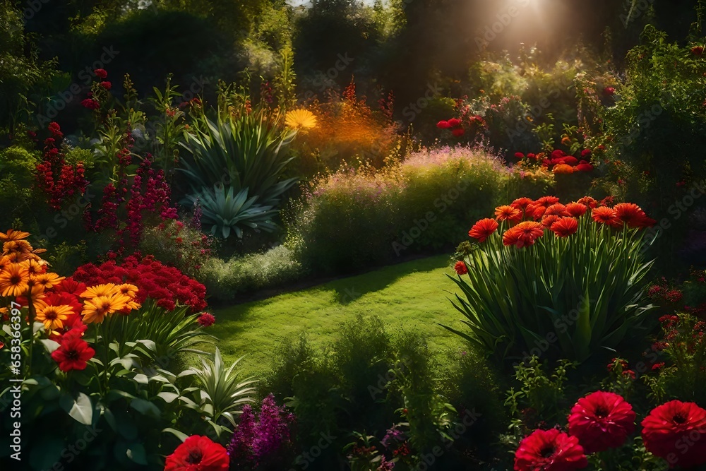 Generate an image of a lush, vibrant garden where colorful flowers and plants thrive together, symbolizing unity and growth - AI Generative Generate an image of a lush, vibrant garden where colorful flowers and plants thrive together, symbolizing unity and growth - AI Generative