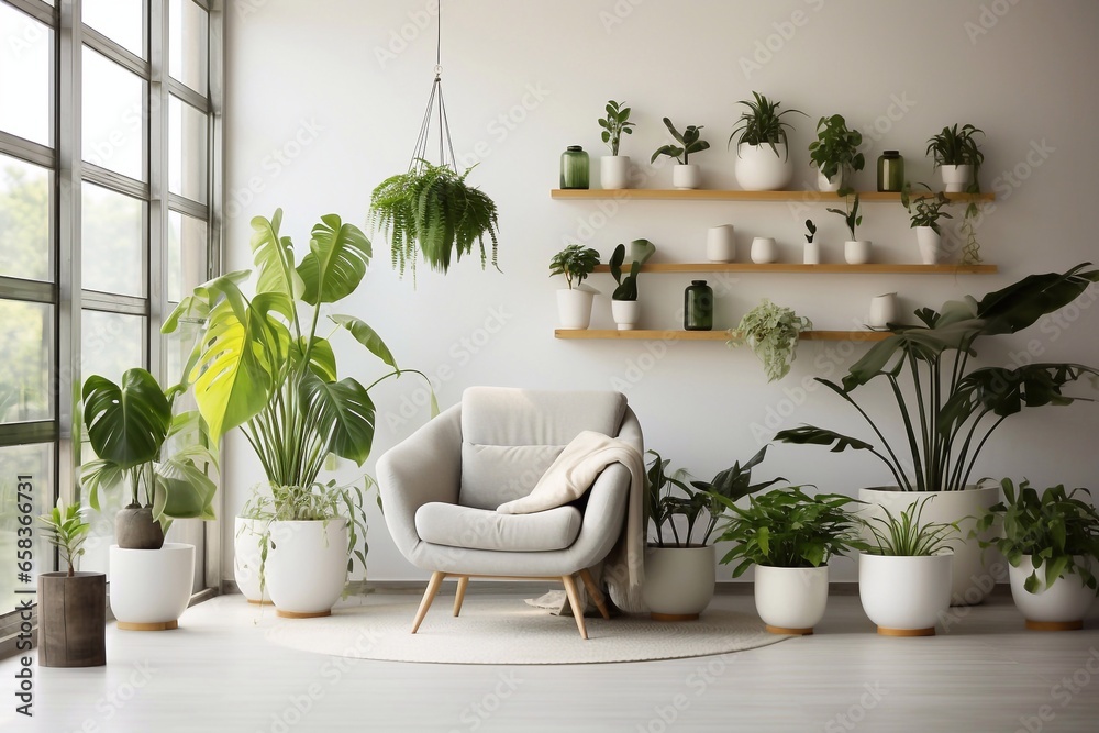 A photo of Living room interior with sofa, bookshelf and plants in pots Generative AI