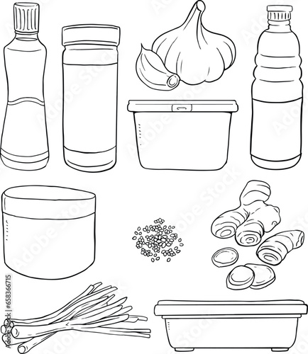 Kitchen stuff with spicy and herbs doodle. line vector set 