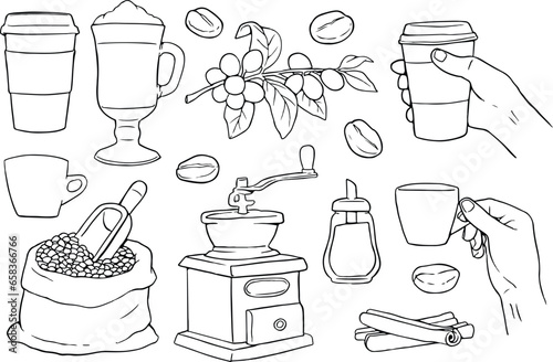 Set of illustrations for a coffee shop. Coffee grinder, cup, french press, teapot. line vector set 
