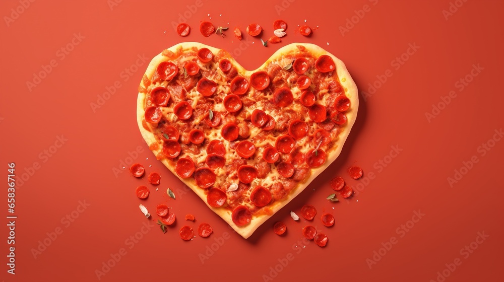  a heart shaped pizza with pepperoni and cheese on a red background.  generative ai