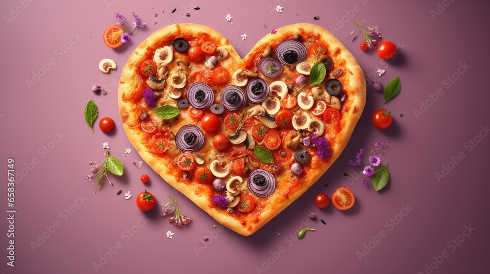  a heart shaped pizza with various toppings on a purple background.  generative ai