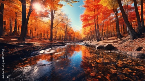a valley reflecting the myriad colors of autumn leaves, as if it's ablaze with the fiery hues of the season