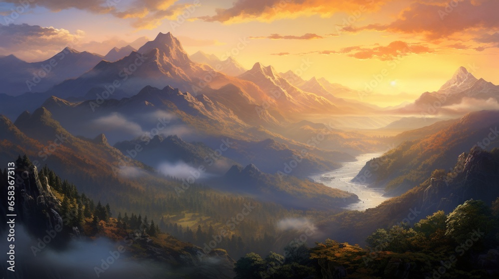 a valley waking up to the first light of day, where the world is bathed in a soft, golden hue, promising new beginnings