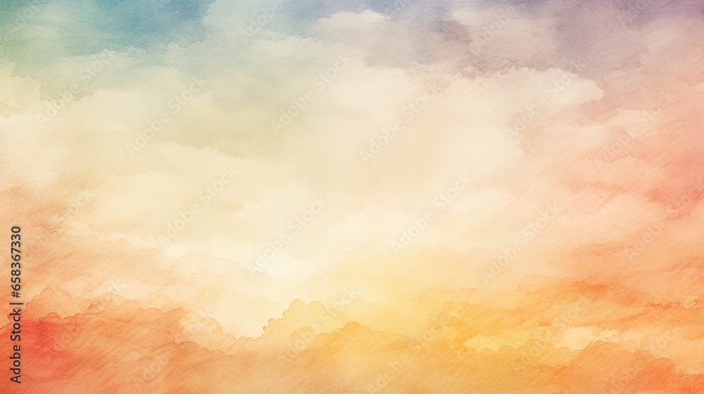  a painting of a sky with clouds and a plane flying in the sky.  generative ai