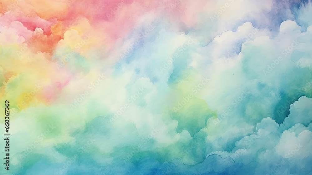  a painting of a rainbow colored cloud in the sky with a plane in the distance.  generative ai