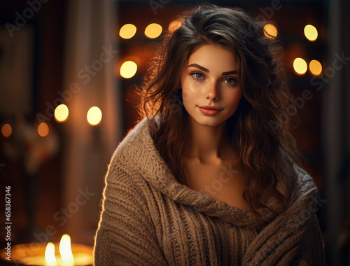 Profile of young beautiful woman warmed in wool sweater, cozy clothes warms us during the holidays and cold winter snowy day.