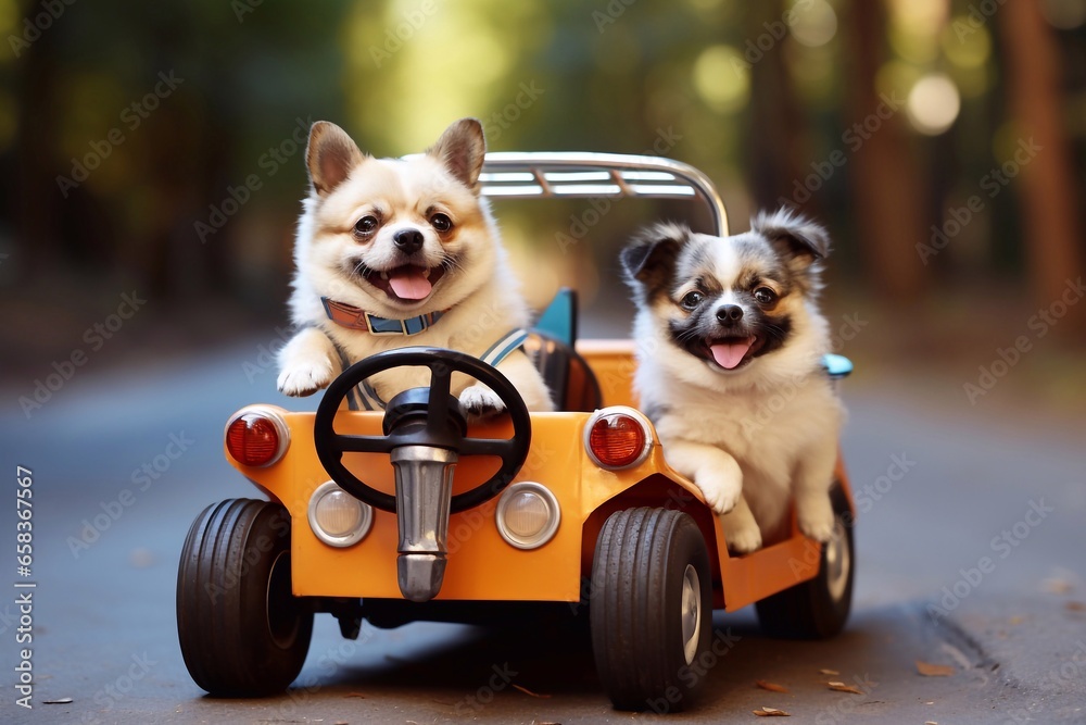 Fototapeta A shot of Two cute chihuahua dogs driving a toy car on the road Generative AI