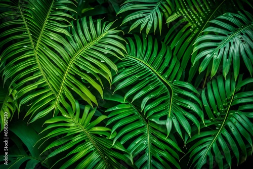 palm tree leaves, A closeup nature view of palms and monstera and fern leaf background © SANA