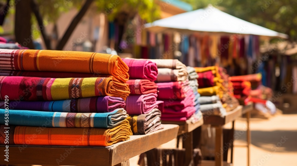 a vibrant outdoor market with stalls overflowing with colorful fabrics, capturing the essence of local textile traditions