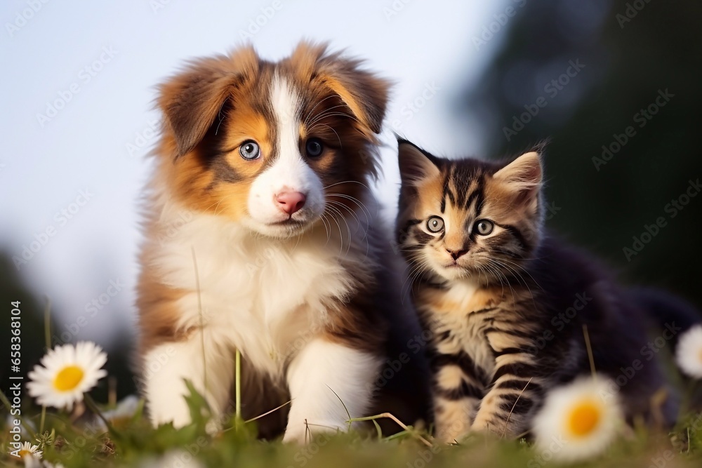 Shetland Sheepdog puppy and tabby kitten sitting on the grass Generative AI Shetland Sheepdog puppy and tabby kitten sitting on the grass Generative AI