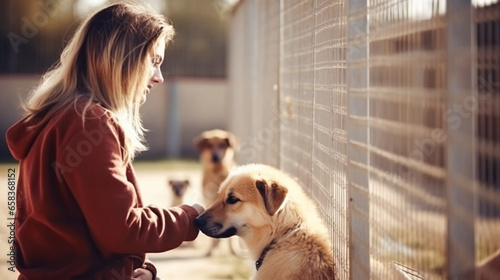 stockphoto, Pet adoption. Woman choosing dog from animal shelter. Cute abandoned and rescued retriever in dog pound. Welcoming a Shelter Dog to the Family - Rescue Dog, New Family, Anti Abuse, Anti An photo