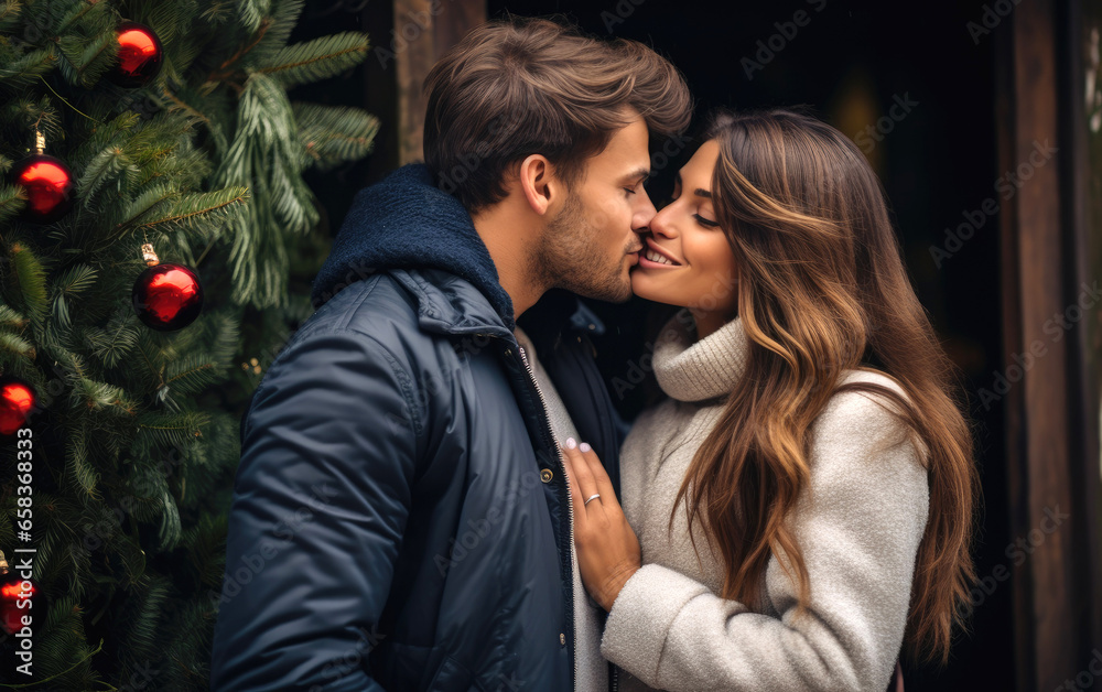 Beautiful couple in love are kissing under the mistletoe Beautiful couple in love are kissing under the mistletoe