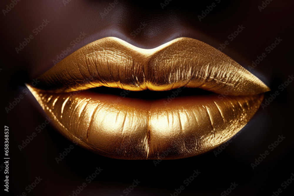 Closeup of golden lipstick. Makeup with metal gold lips. Generative AI illustration Closeup of golden lipstick. Makeup with metal gold lips. Generative AI illustration